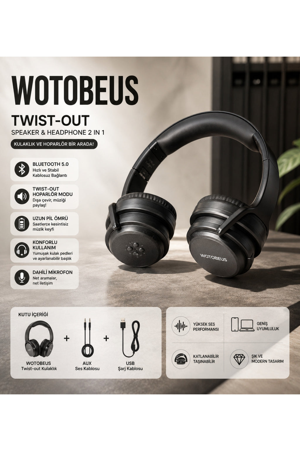 Bluetooth Kulaklık Kablosuz Hoparlör 2'si 1 Arada AUX Destekli Mikrofonlu Katlanabilir Stereo Kulaklık