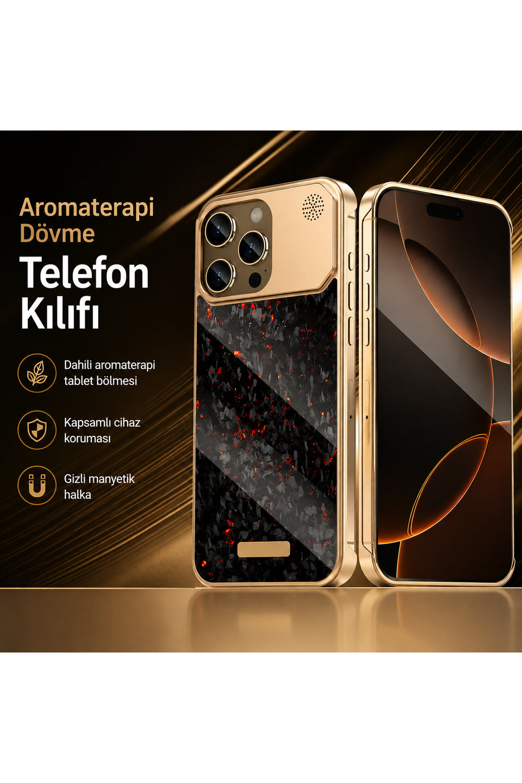 iPhone 16 Pro Uyumlu MagSafe Aromaterapi Telefon Kılıfı Kamera Korumalı Premium Metal Çerçeveli Darbe Emici Parfüm Hazneli