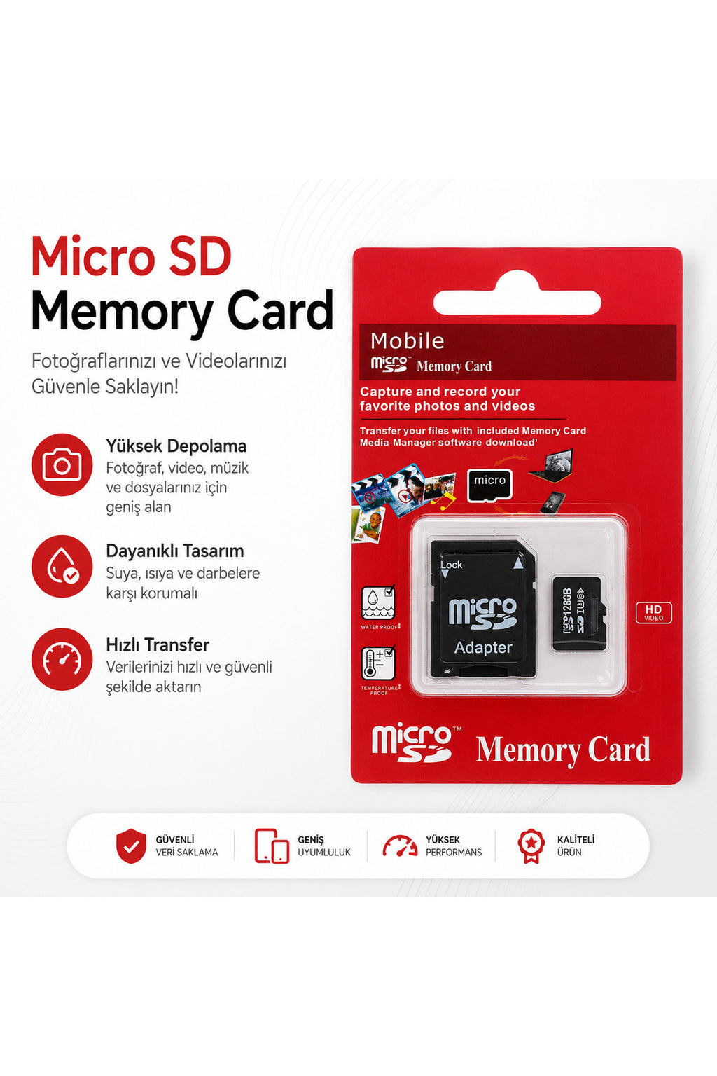 Micro SD Hafıza Kartı 64 -128 - 256 GB Class 10 4K UHD Uyumlu microSDXC SD Adaptörlü Suya ve Darbeye Dayanıklı
