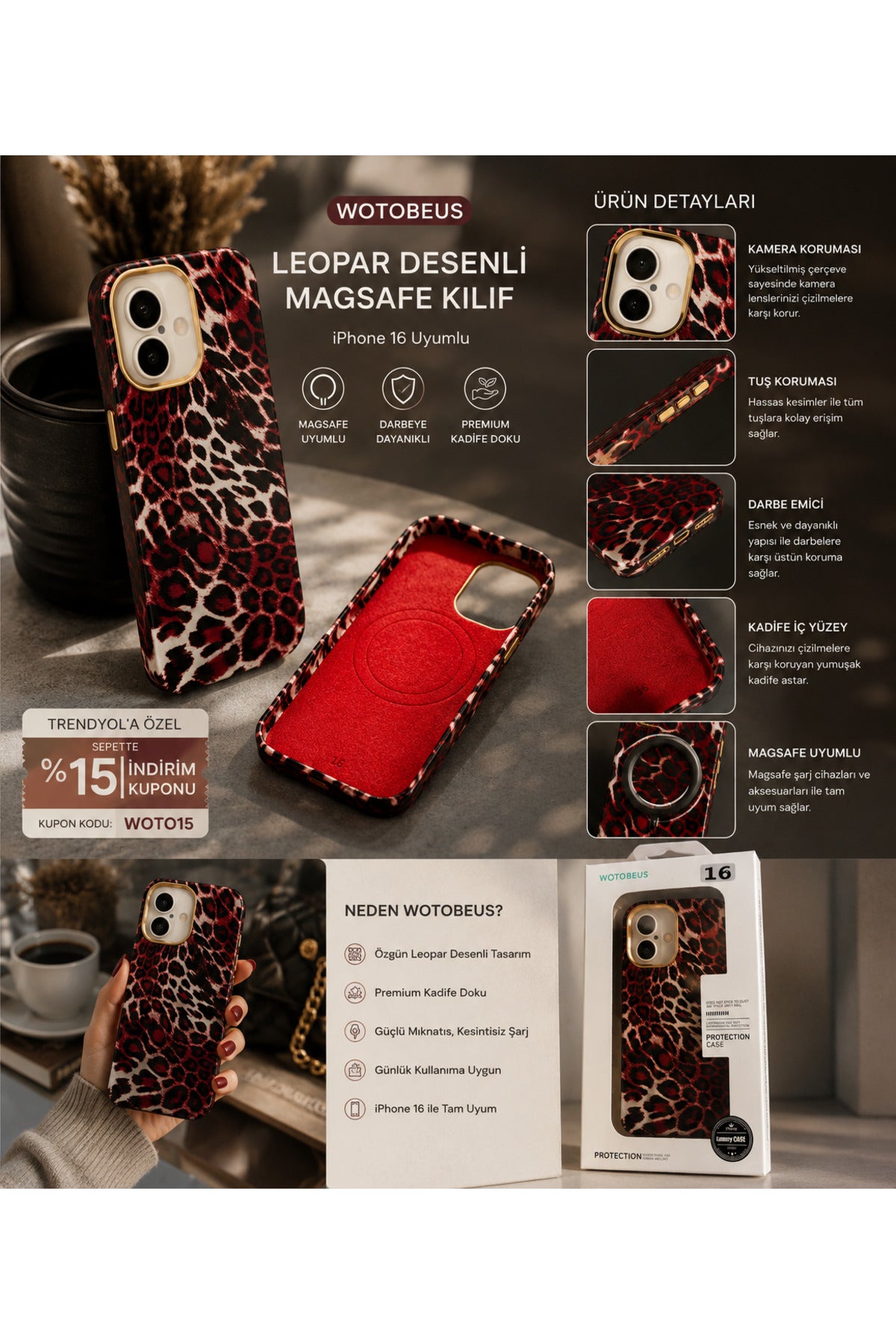 İphone 16 Uyumlu Leopar Tasarım Magsafe Uyumlu Deri Hissiyatlı İçi Kadife Premium Telefon Kılıfı