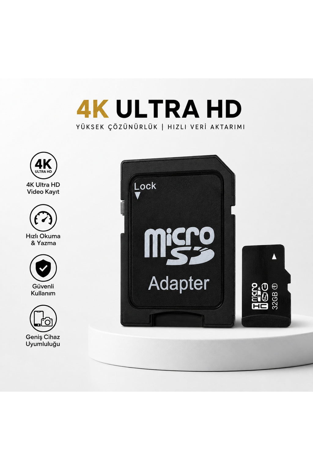 32GB Micro SD Hafıza Kartı + SD Adaptör UHS-I Class 10 4K Ultra HD Kamera Telefon Drone Aksiyon Kamera Uyumlu