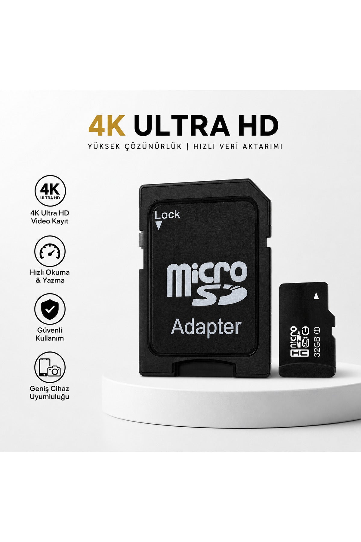 32GB Micro SD Hafıza Kartı + SD Adaptör UHS-I Class 10 4K Ultra HD Kamera Telefon Drone Aksiyon Kamera Uyumlu