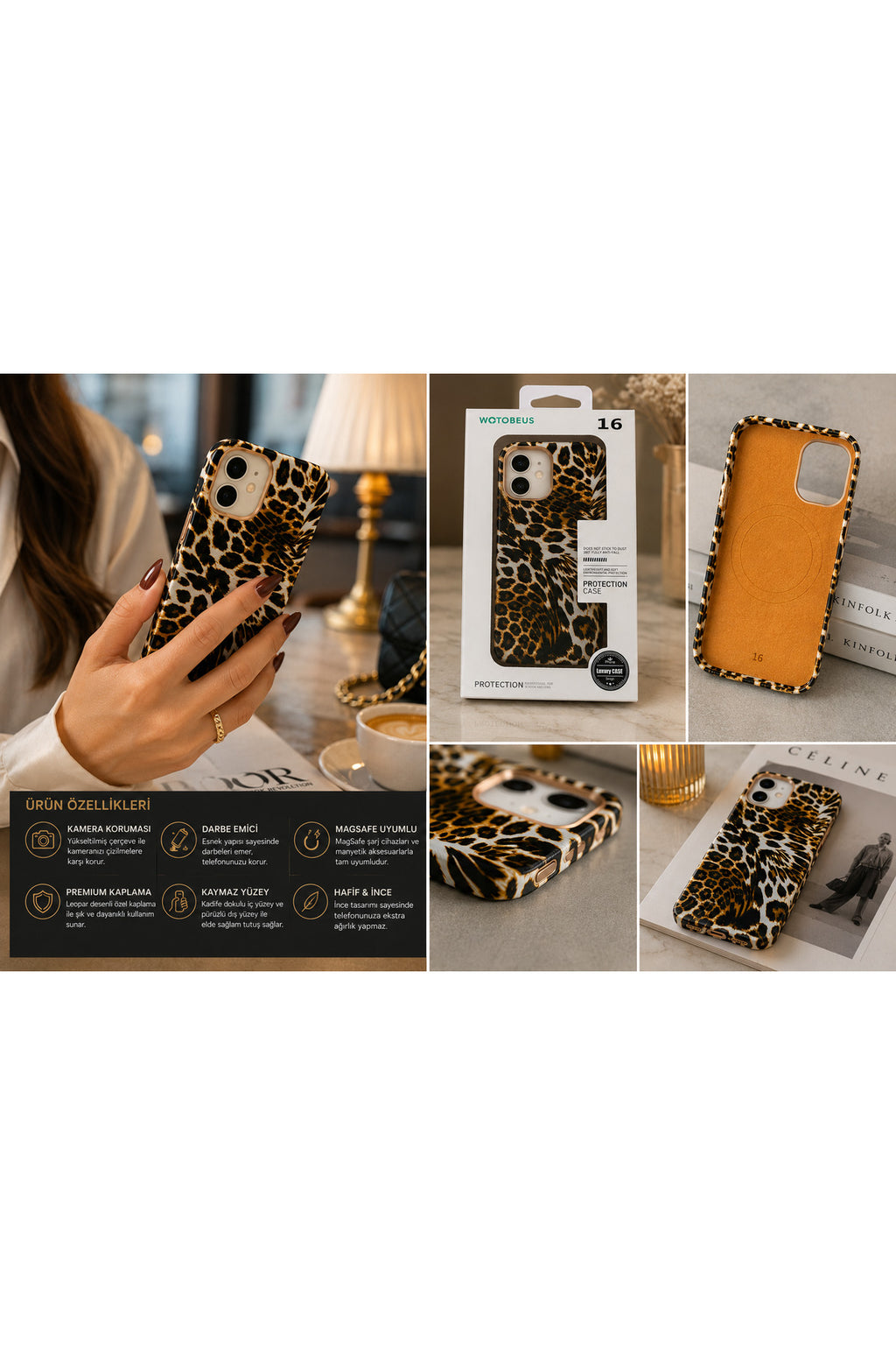 İphone 16 Uyumlu Leopar Tasarım Magsafe Uyumlu Deri Hissiyatlı İçi Kadife Premium Telefon Kılıfı