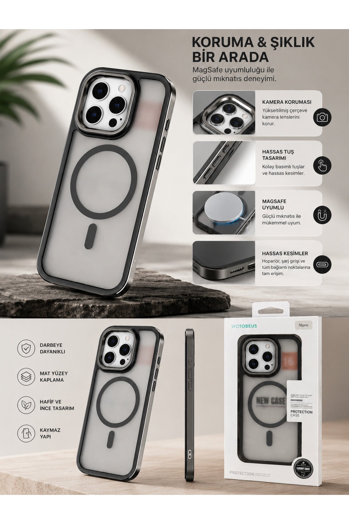 iPhone 16 Pro Max Uyumlu MagSafe Kılıf Mat Şeffaf Darbe Korumalı Kamera Korumalı Krom Çerçeveli Premium Silikon Telefon Kılıf