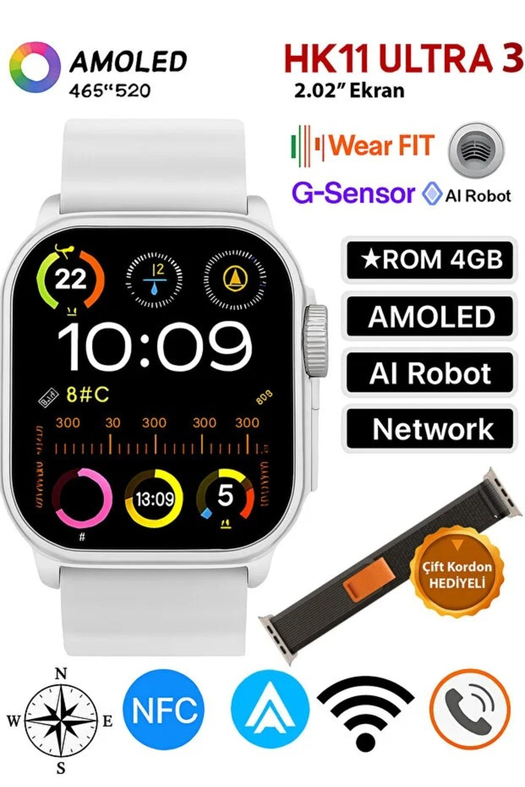 HK11 Ultra 3 AMOLED Akıllı Saat AI ChatGPT GPS NFC Bluetooth Arama 4GB Hafıza Premium