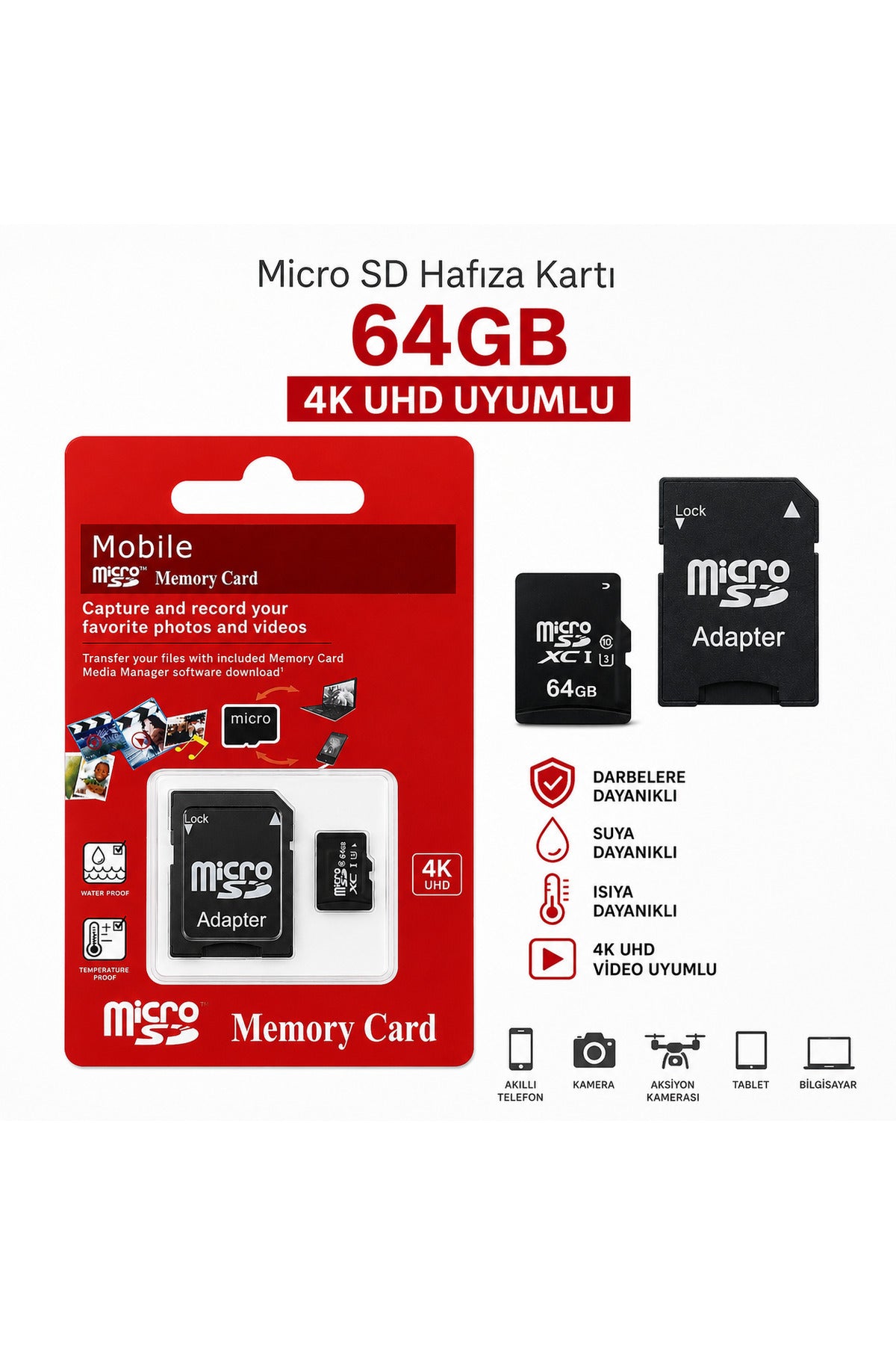 Micro SD Hafıza Kartı 64 -128 - 256 GB Class 10 4K UHD Uyumlu microSDXC SD Adaptörlü Suya ve Darbeye Dayanıklı