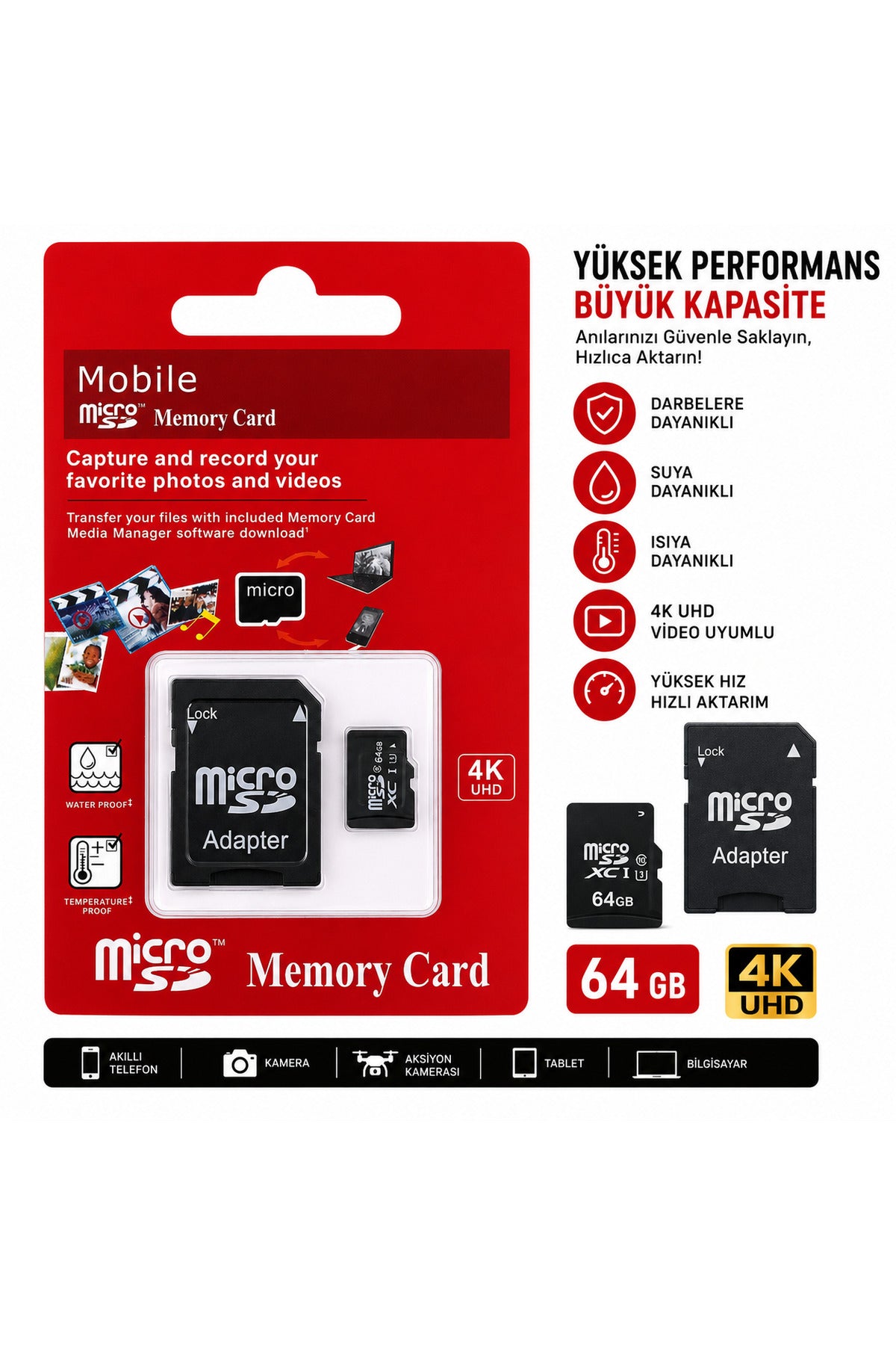 Micro SD Hafıza Kartı 64 -128 - 256 GB Class 10 4K UHD Uyumlu microSDXC SD Adaptörlü Suya ve Darbeye Dayanıklı
