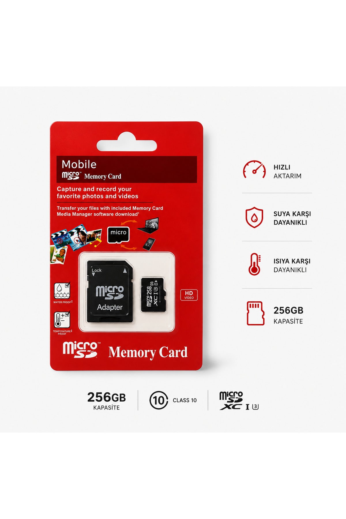 Micro SD Hafıza Kartı 64 -128 - 256 GB Class 10 4K UHD Uyumlu microSDXC SD Adaptörlü Suya ve Darbeye Dayanıklı