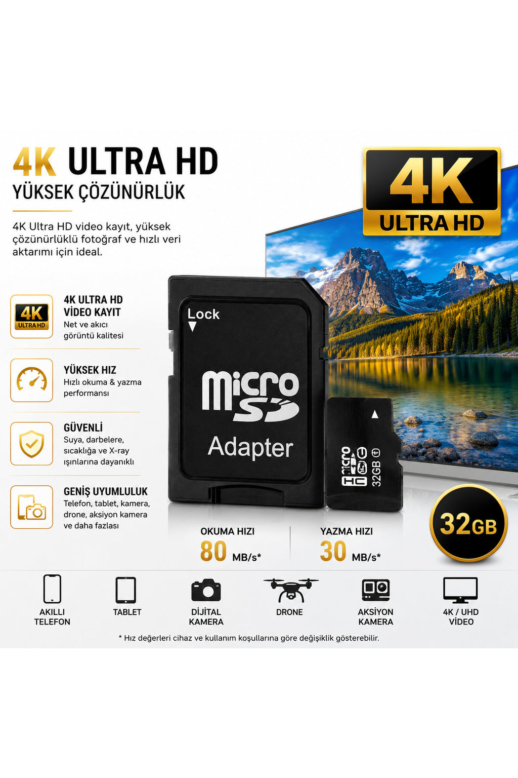 32GB Micro SD Hafıza Kartı + SD Adaptör UHS-I Class 10 4K Ultra HD Kamera Telefon Drone Aksiyon Kamera Uyumlu