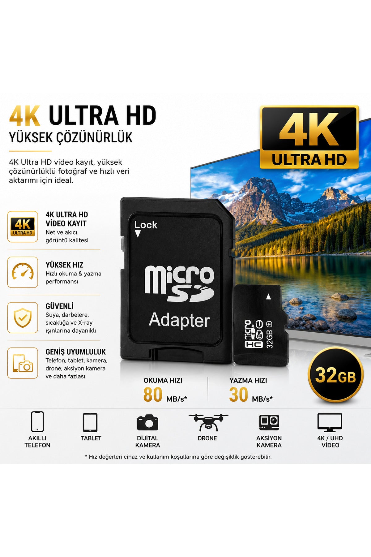 32GB Micro SD Hafıza Kartı + SD Adaptör UHS-I Class 10 4K Ultra HD Kamera Telefon Drone Aksiyon Kamera Uyumlu