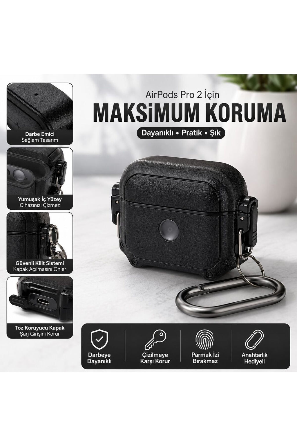 AirPods Pro 2 Uyumlu Zırhlı Koruyucu Kılıf Karabinalı Darbe Emici Silikon 360° Tam Koruma
