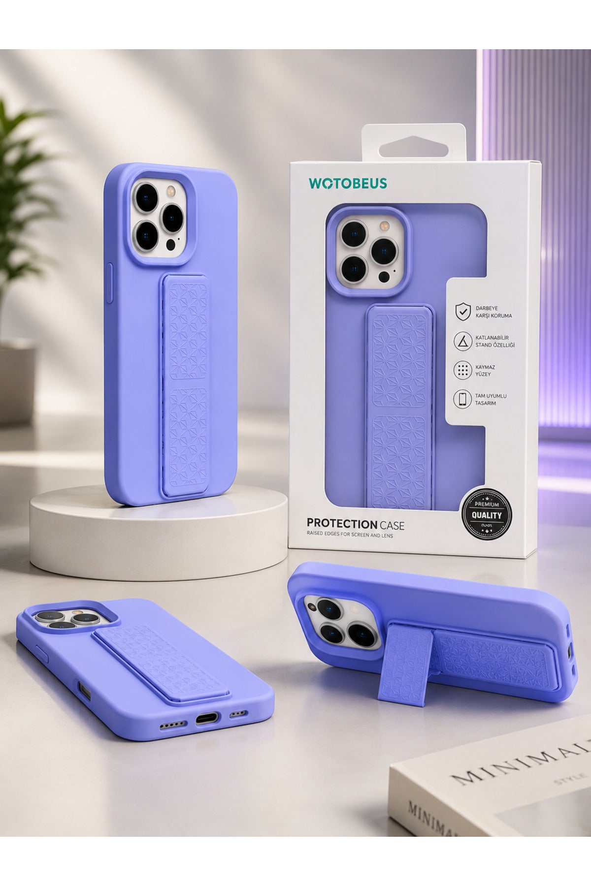 İphone 16 Pro Max Uyumlu Standlı Mat Silikon Telefon Kılıfı Parmak Tutuculu Kamera Korumalı