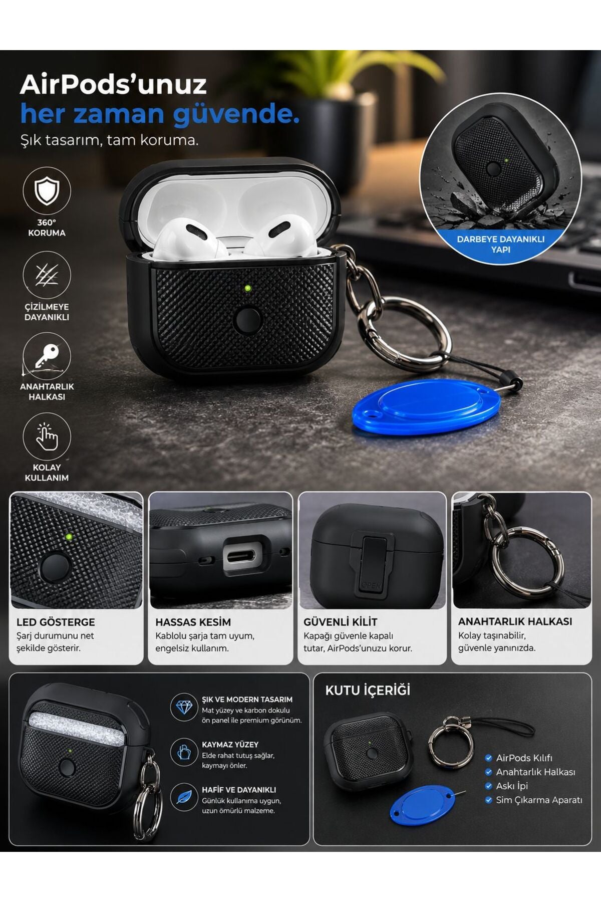 AirPods Pro 2 Kılıfı AirPods Pro 1 Uyumlu Silikon Darbe Korumalı Kilitli Anahtarlıklı Koruyucu Kılıf