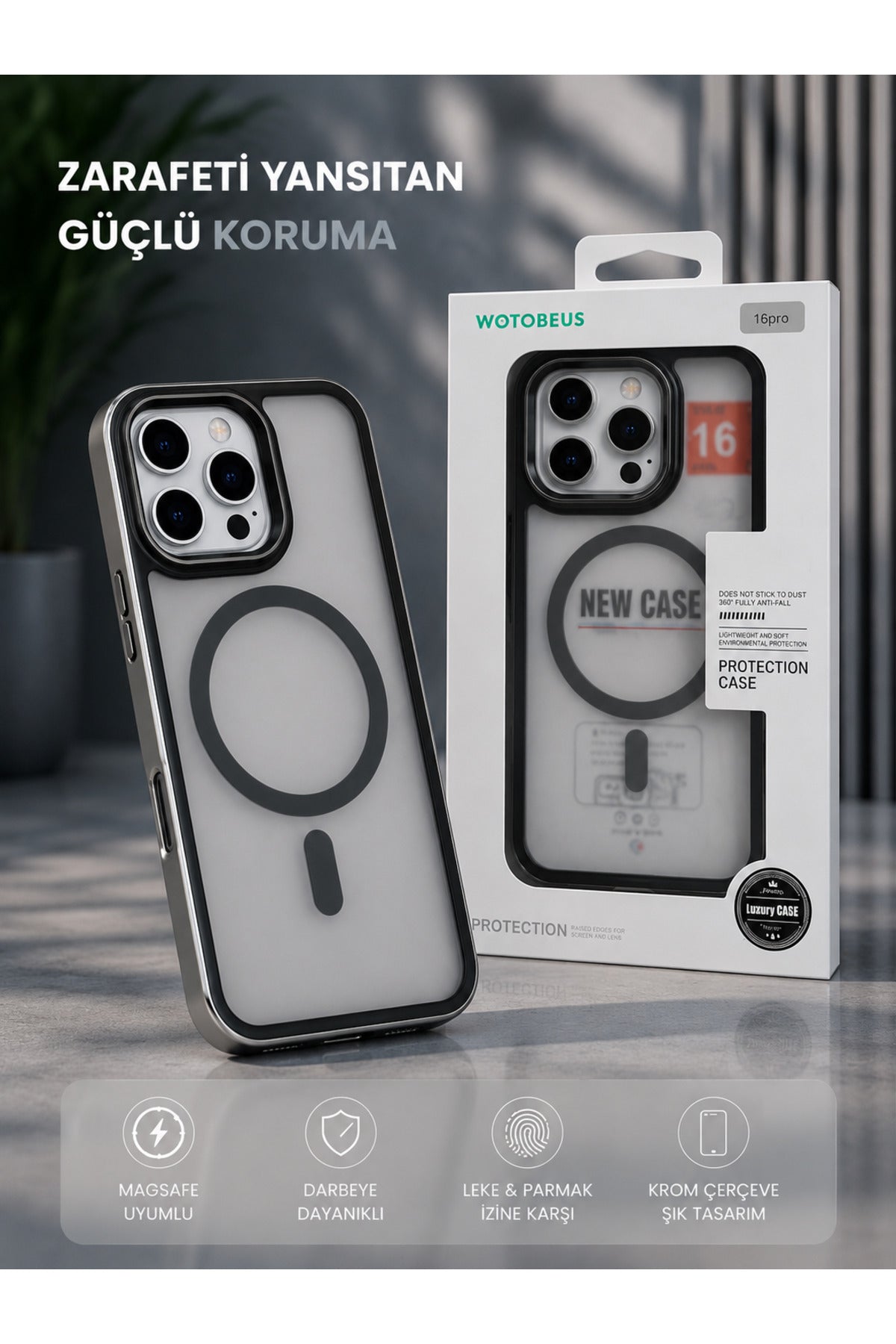 iPhone 16 Pro Max Uyumlu MagSafe Kılıf Mat Şeffaf Darbe Korumalı Kamera Korumalı Krom Çerçeveli Premium Silikon Telefon Kılıf