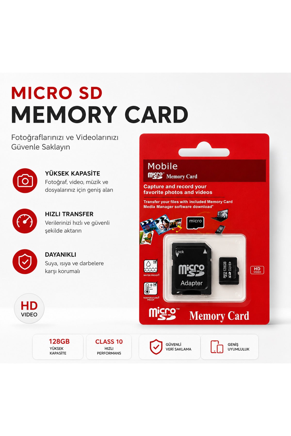 Micro SD Hafıza Kartı 64 -128 - 256 GB Class 10 4K UHD Uyumlu microSDXC SD Adaptörlü Suya ve Darbeye Dayanıklı