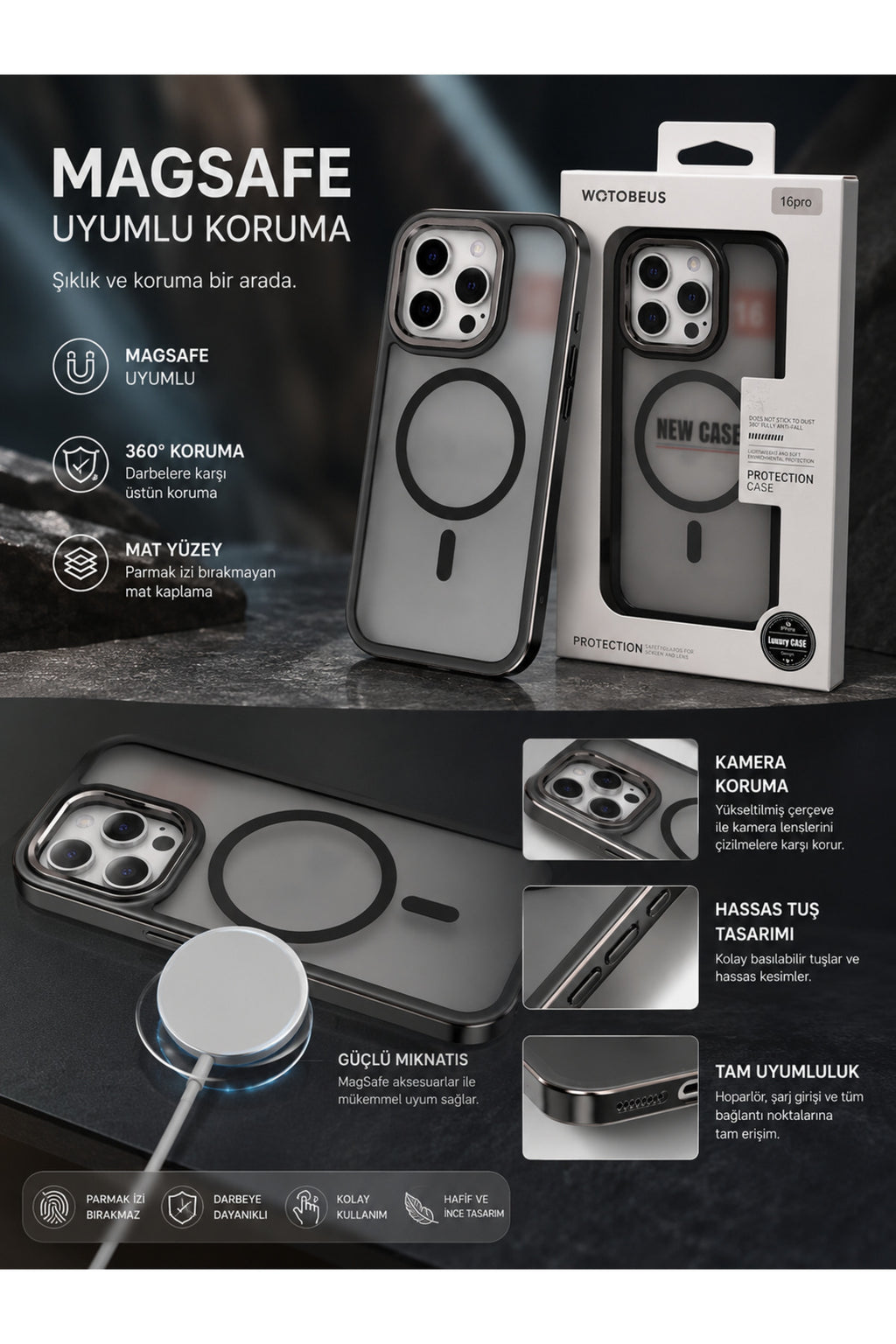 iPhone 16 Pro Max Uyumlu MagSafe Kılıf Mat Şeffaf Darbe Korumalı Kamera Korumalı Krom Çerçeveli Premium Silikon Telefon Kılıf