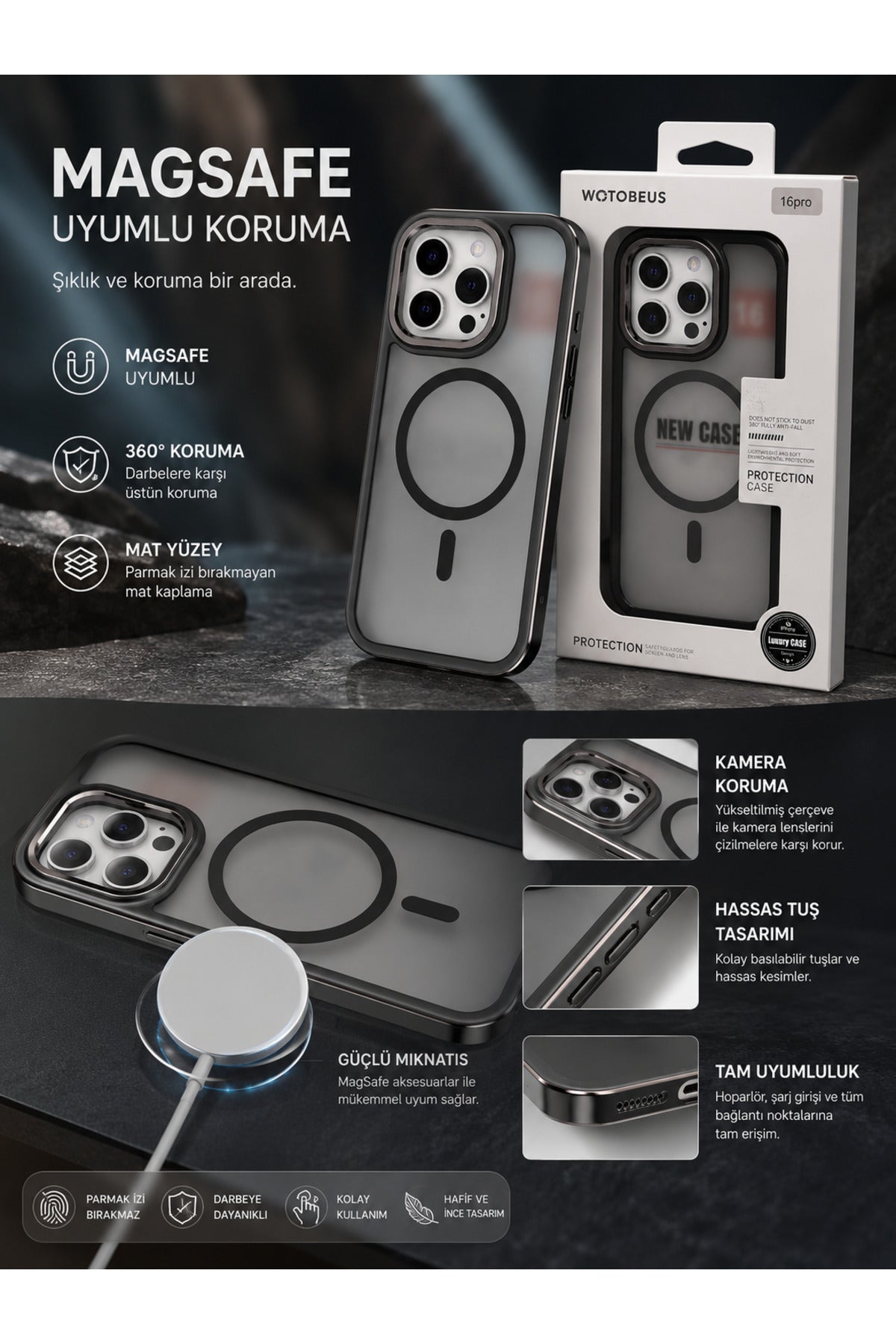 iPhone 16 Pro Max Uyumlu MagSafe Kılıf Mat Şeffaf Darbe Korumalı Kamera Korumalı Krom Çerçeveli Premium Silikon Telefon Kılıf