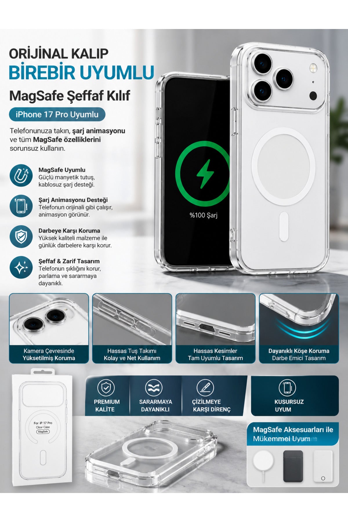 İphone 17 Pro Uyumlu Premium TPU Şeffaf Magsafe Özellikli Animasyonlu Telefon Kılıfı