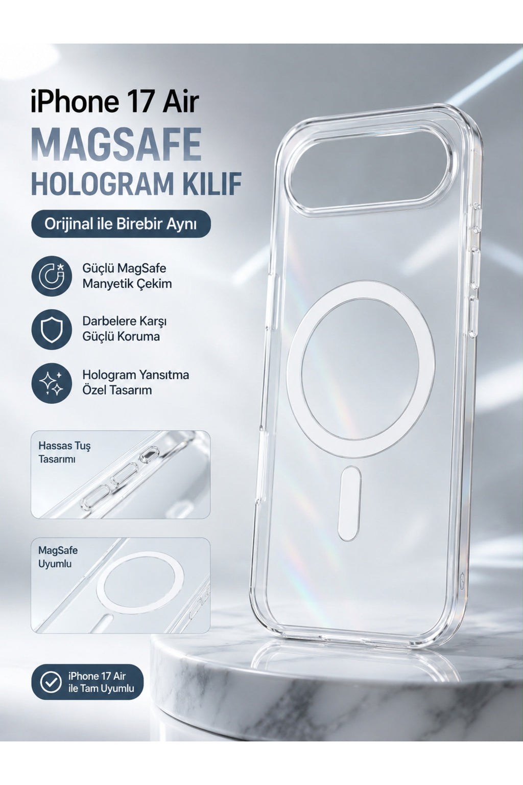 iPhone 17 Air Uyumlu Orijinal Kalite MagSafe Şeffaf Kılıf - Hologram Yansıtan, Güçlü Manyetik, Kamera Korumalı Premium Clear 