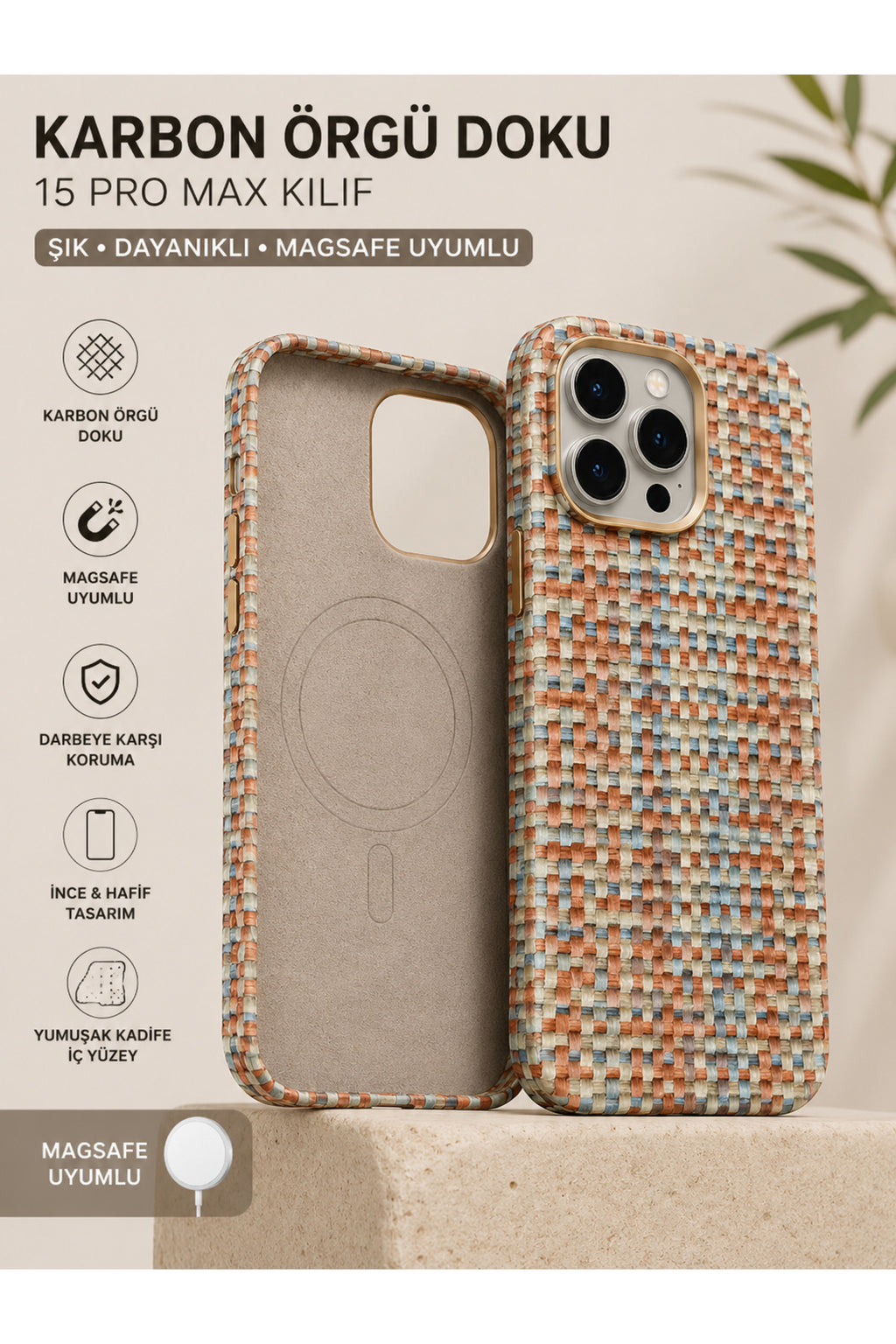 Premium Karbon Örgü Dokulu MagSafe Uyumlu iPhone 15 Kılıf Kadife İç Yüzey Darbe Korumalı Bej Mavi Kahve