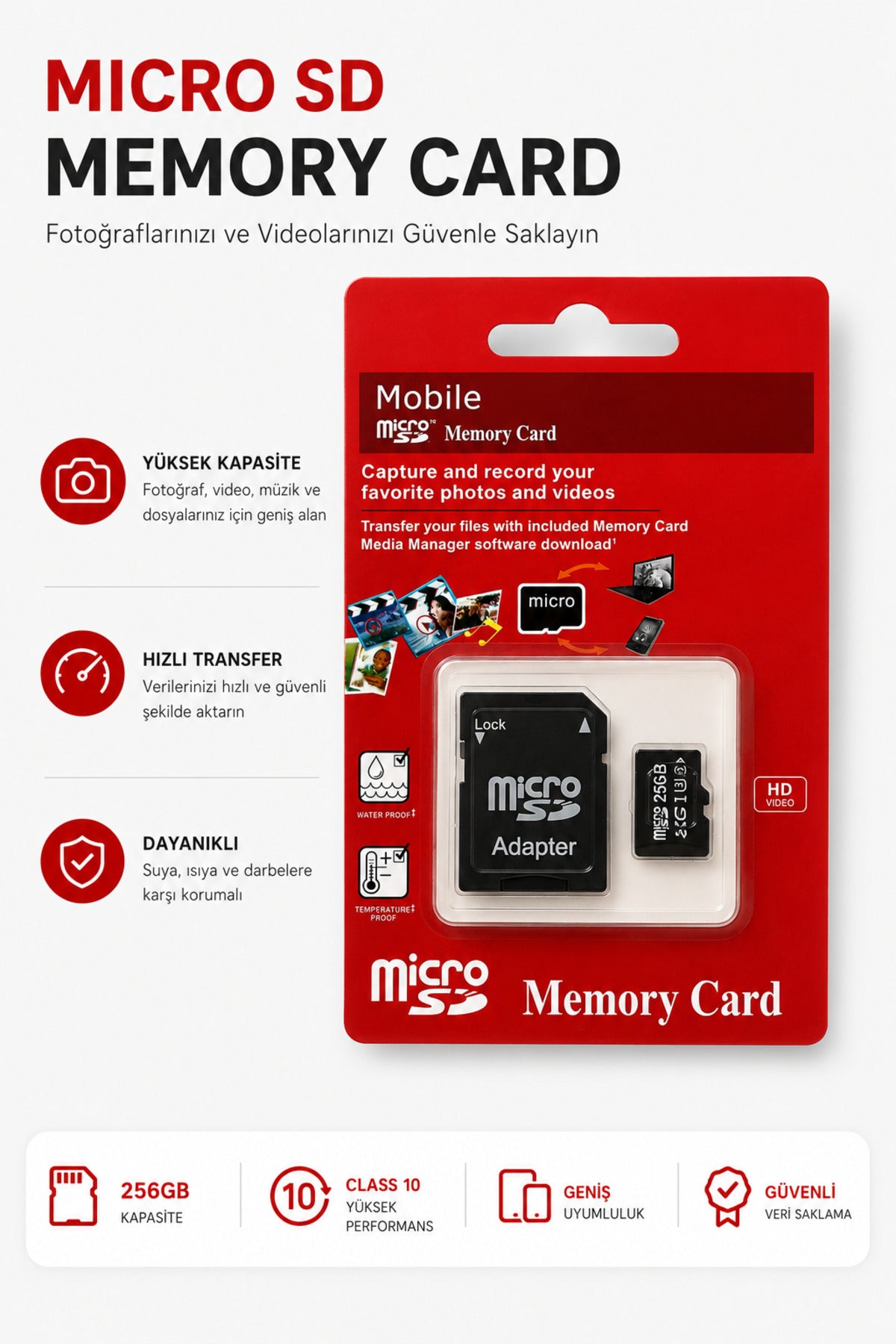 Micro SD Hafıza Kartı 64 -128 - 256 GB Class 10 4K UHD Uyumlu microSDXC SD Adaptörlü Suya ve Darbeye Dayanıklı