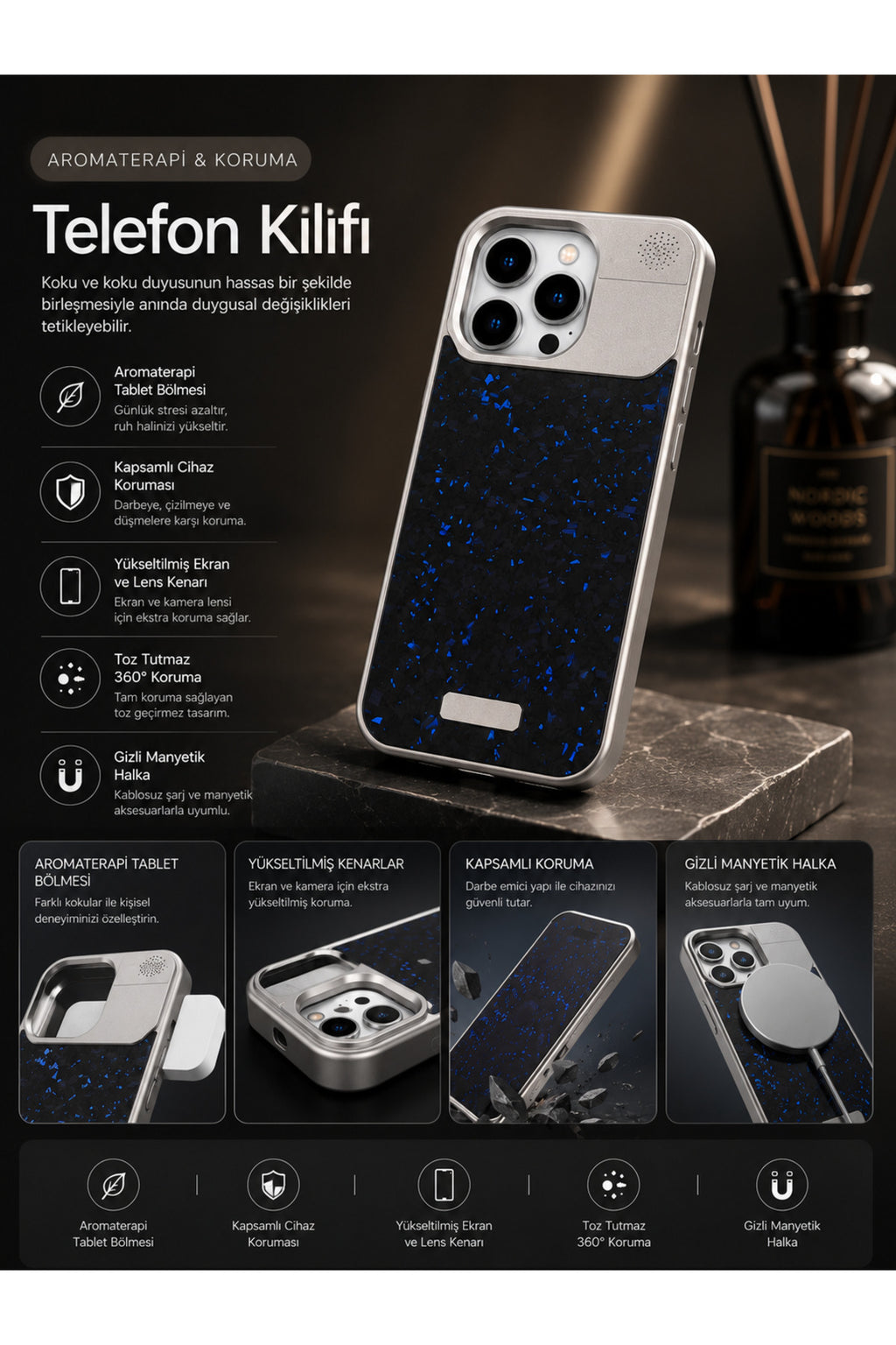 iPhone 16 Pro Uyumlu MagSafe Aromaterapi Telefon Kılıfı Kamera Korumalı Premium Metal Çerçeveli Darbe Emici Parfüm Hazneli