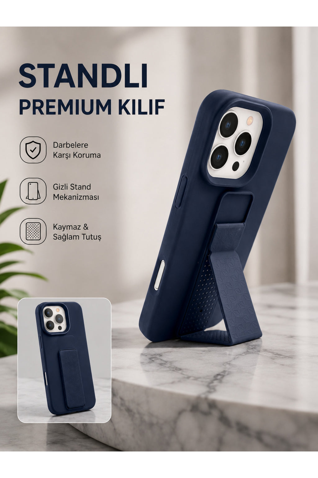 İphone 16 Pro Max Uyumlu Standlı Mat Silikon Telefon Kılıfı Parmak Tutuculu Kamera Korumalı