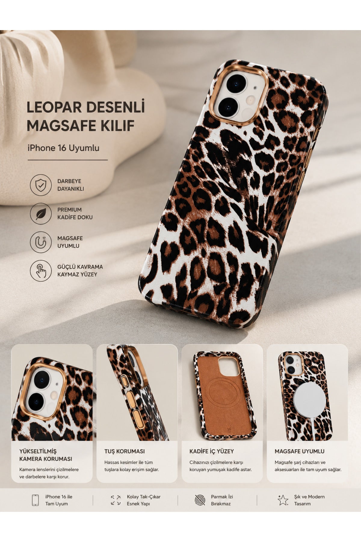 İphone 16 Uyumlu Leopar Tasarım Magsafe Uyumlu Deri Hissiyatlı İçi Kadife Premium Telefon Kılıfı