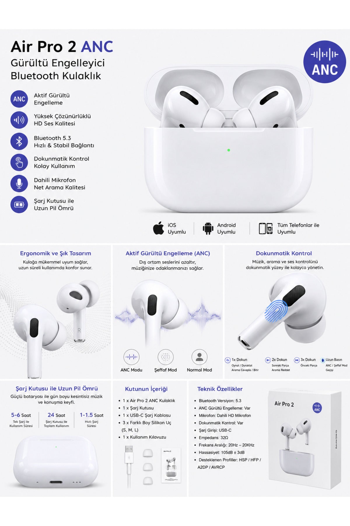 Air Pro 2 Bluetooth Kulaklık ANC Aktif Gürültü Engelleme Kablosuz TWS iOS Android Tüm Telefonlarla Uyumlu