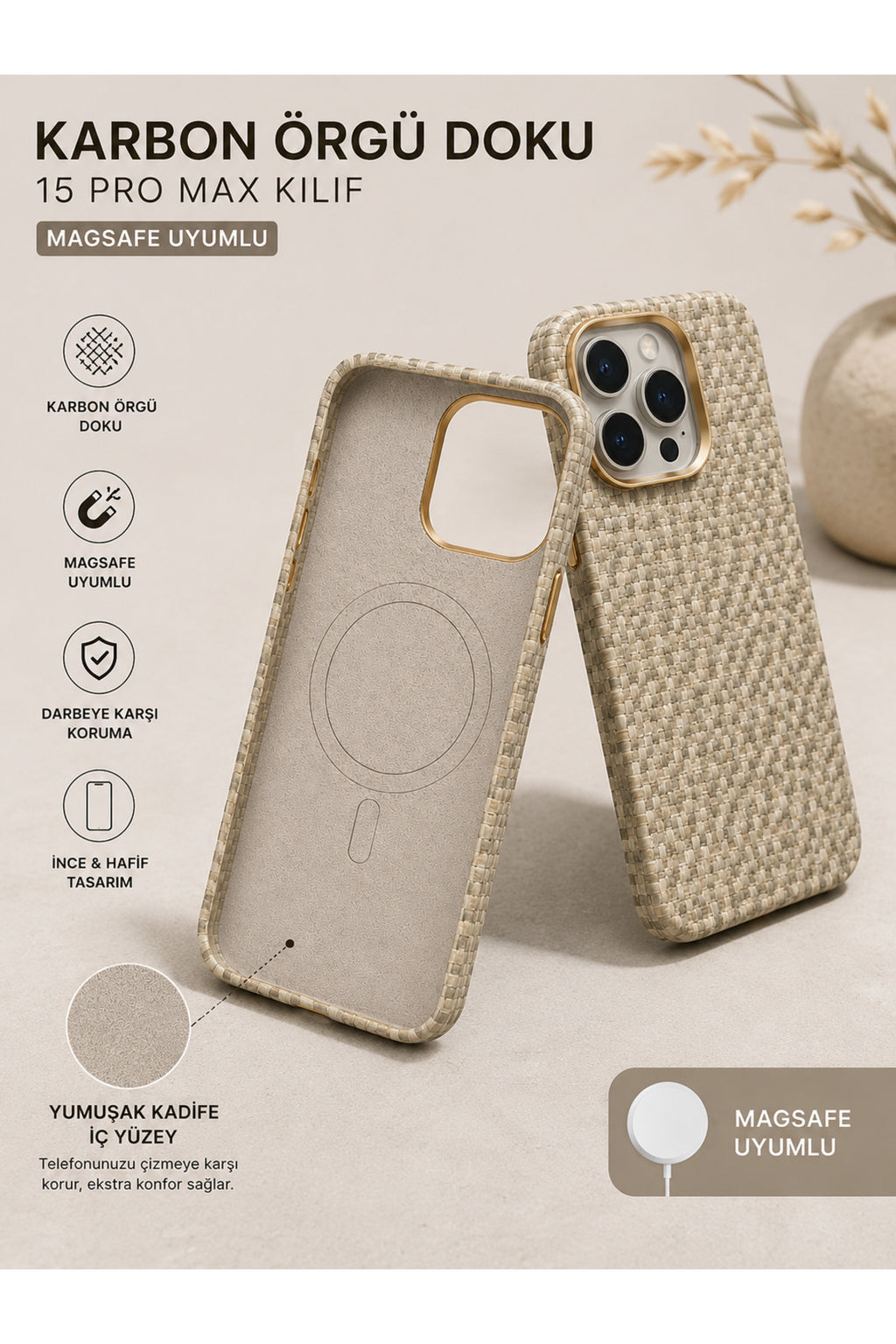 Premium Karbon Örgü Dokulu MagSafe Uyumlu iPhone 15 Kılıf Kadife İç Yüzey Darbe Korumalı Bej Mavi Kahve