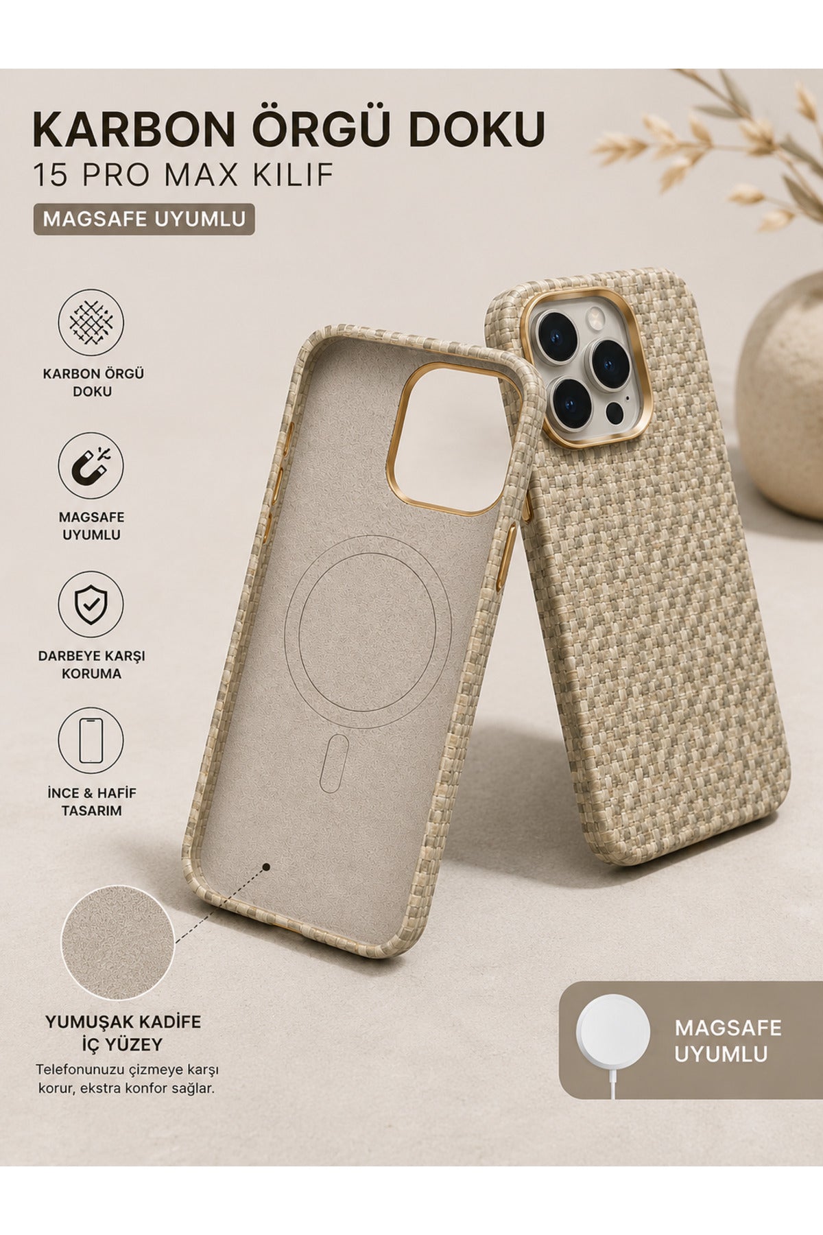Premium Karbon Örgü Dokulu MagSafe Uyumlu iPhone 15 Kılıf Kadife İç Yüzey Darbe Korumalı Bej Mavi Kahve