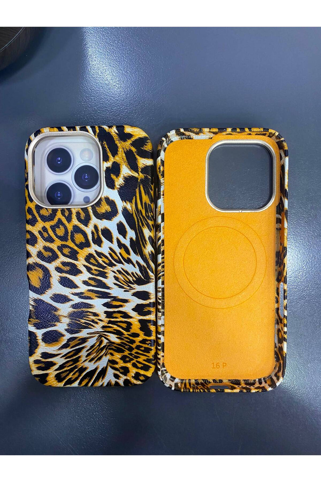 iPhone 16 Pro Uyumlu MagSafe Destekli Leopar Desenli Suni Deri İçi Kadife Premium Kılıf Darbe Korumalı