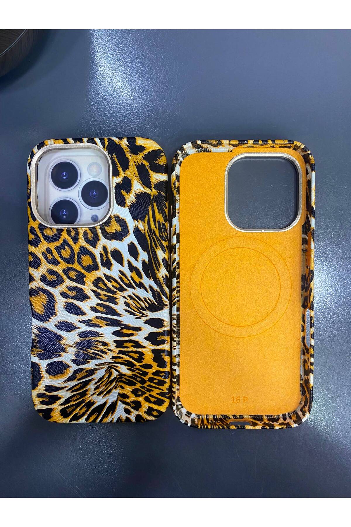 iPhone 16 Pro Uyumlu MagSafe Destekli Leopar Desenli Suni Deri İçi Kadife Premium Kılıf Darbe Korumalı