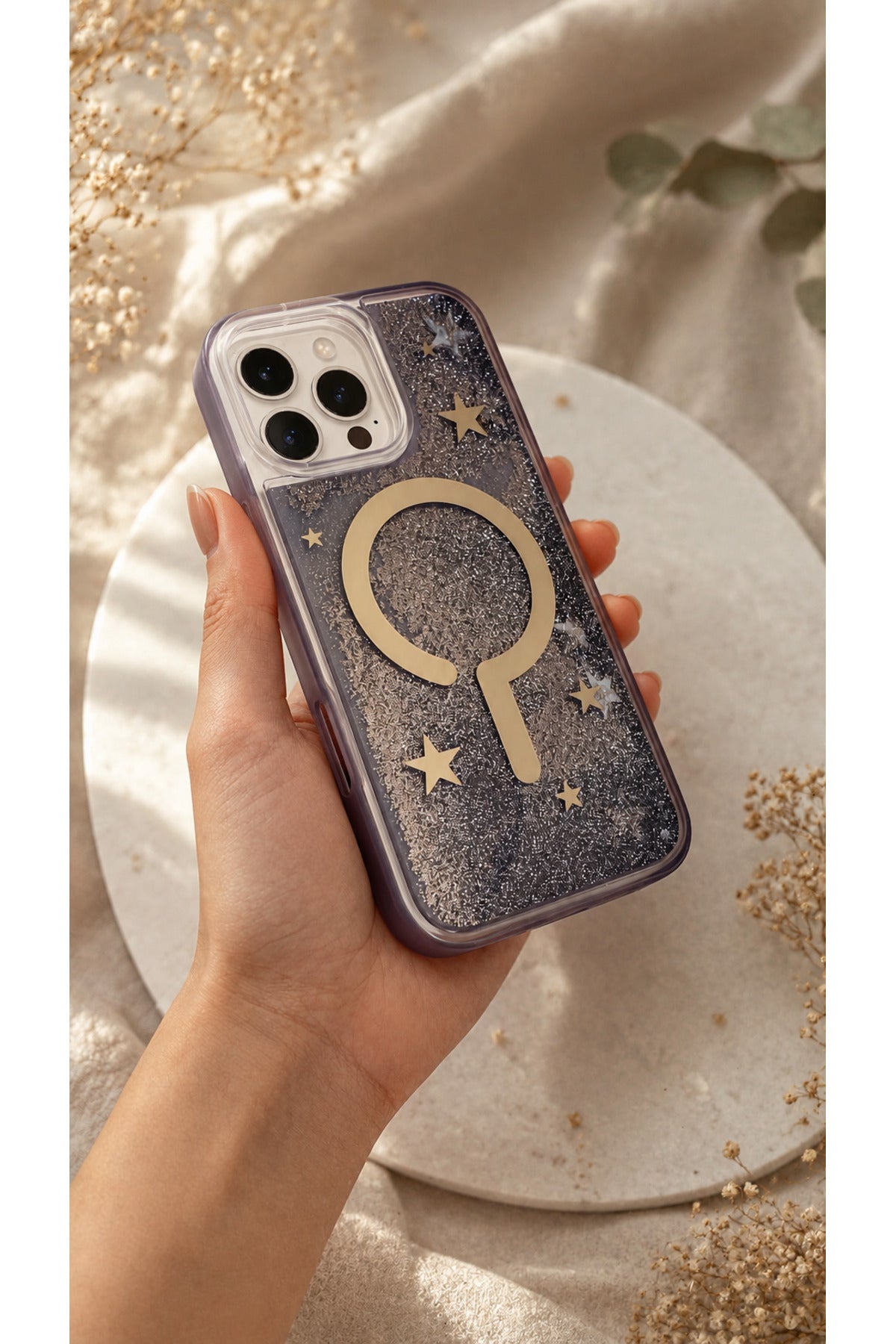 İphone 16 Pro Max Uyumlu MagSafe Destekli Akışkan Simli Şeffaf Premium Telefon Kılıfı