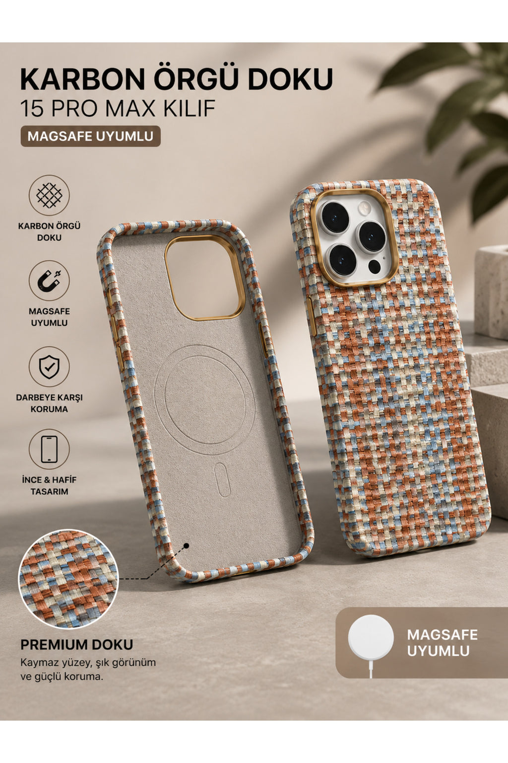 Premium Karbon Örgü Dokulu MagSafe Uyumlu iPhone 15 Pro Max Kılıf | Kadife İç Yüzey | Darbe Korumalı | Lüks Tasarım
