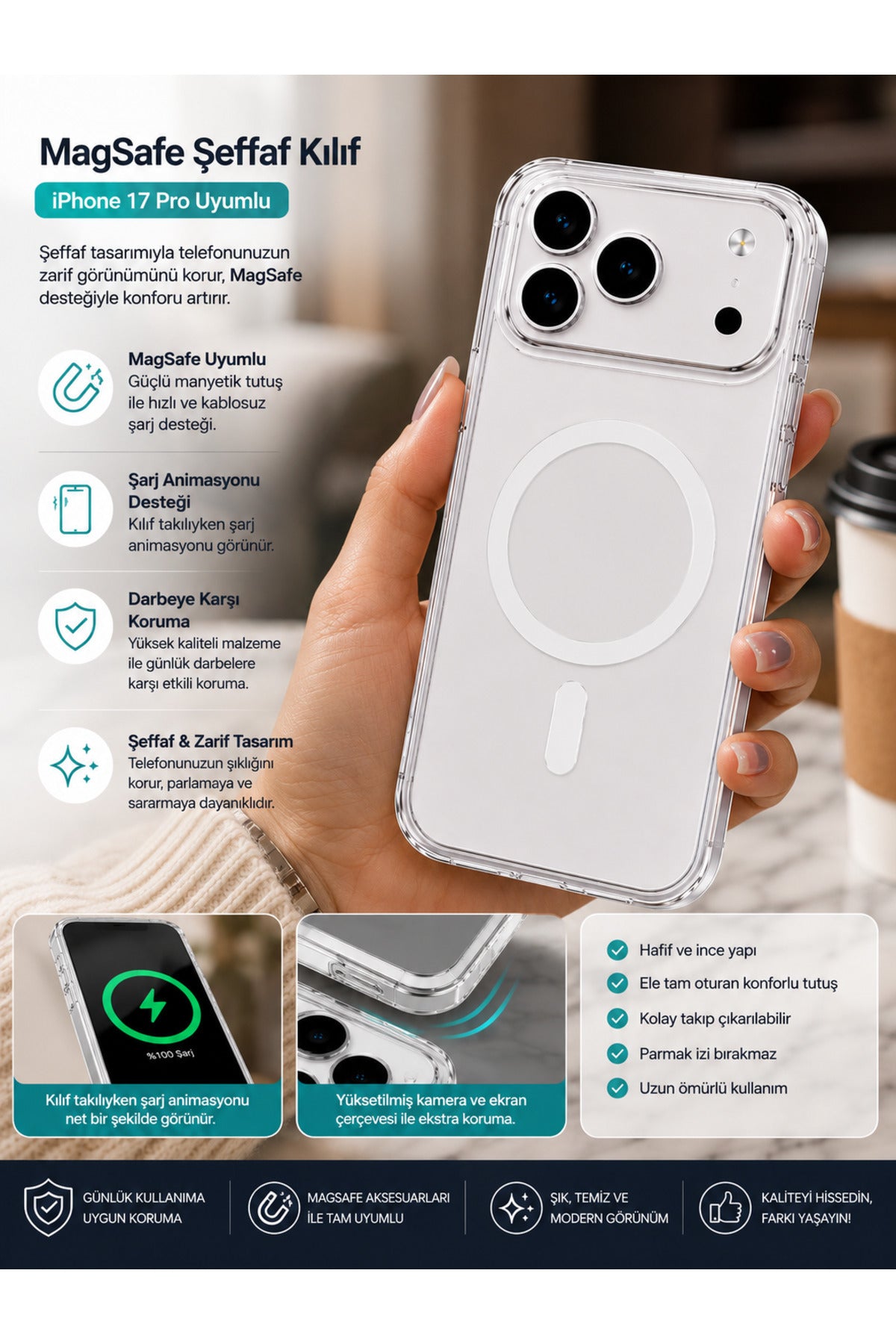 İphone 17 Pro Uyumlu Premium TPU Şeffaf Magsafe Özellikli Animasyonlu Telefon Kılıfı