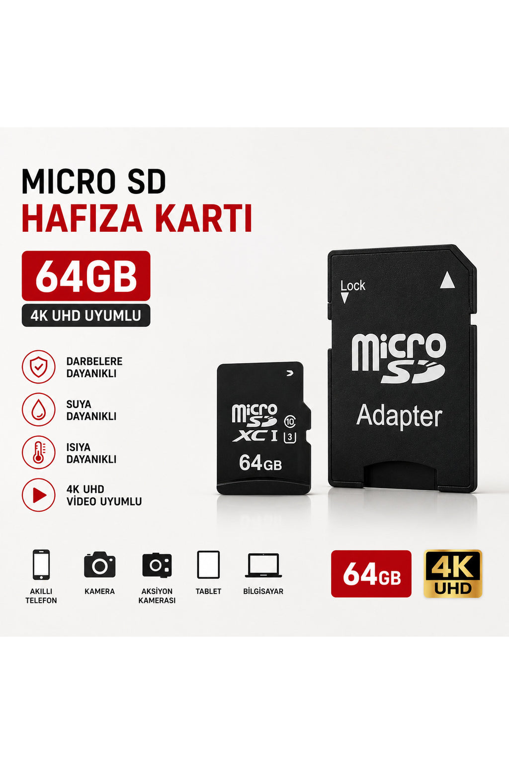 Micro SD Hafıza Kartı 64 -128 - 256 GB Class 10 4K UHD Uyumlu microSDXC SD Adaptörlü Suya ve Darbeye Dayanıklı