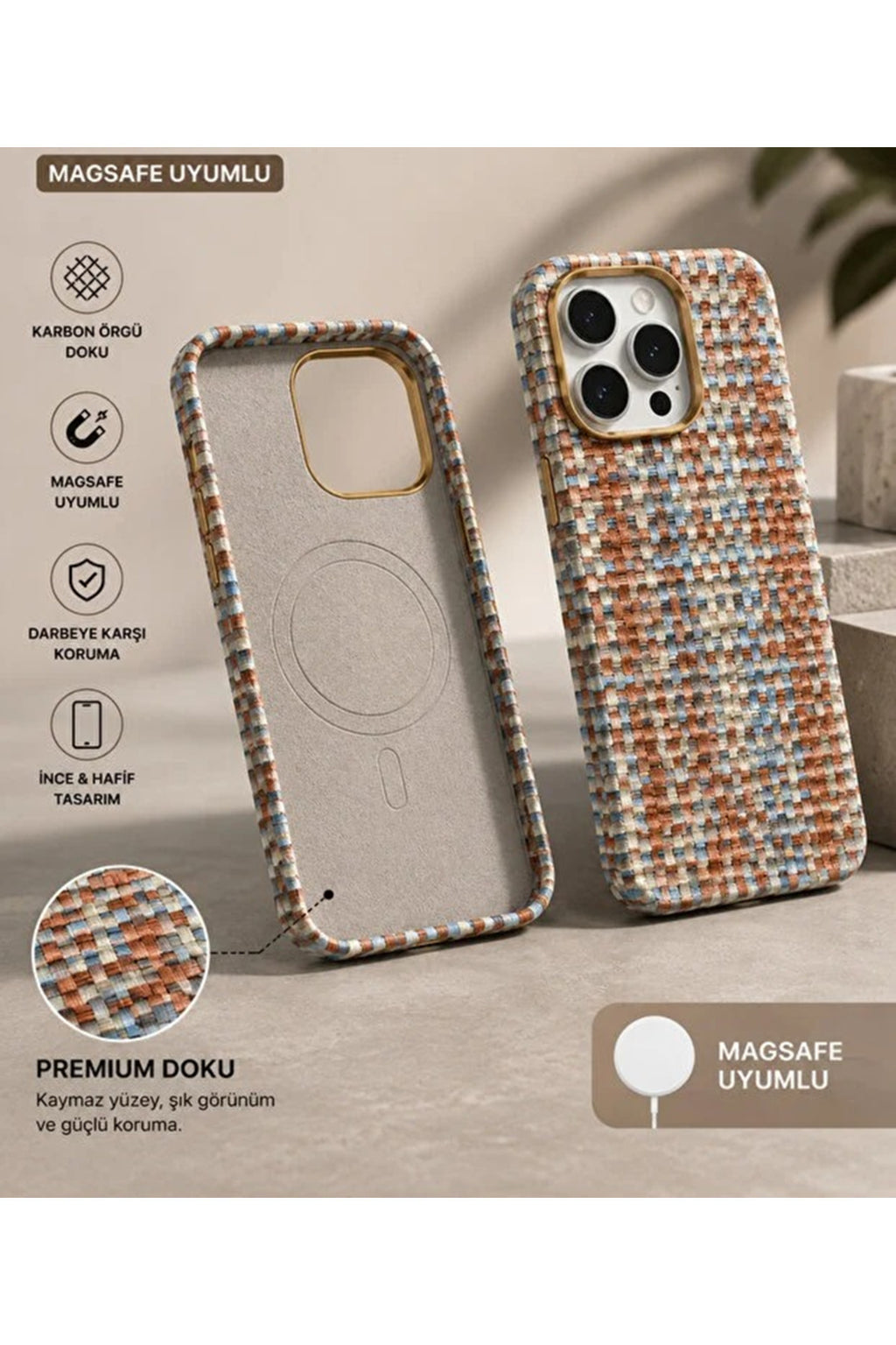 İphone 14 Pro Max Uyumlu Premium Karbon Örgü Dokulu MagSafe Uyumlu iPhone Kılıf Kadife İç Yüzey Darbe Korumalı Bej Mavi Kahve