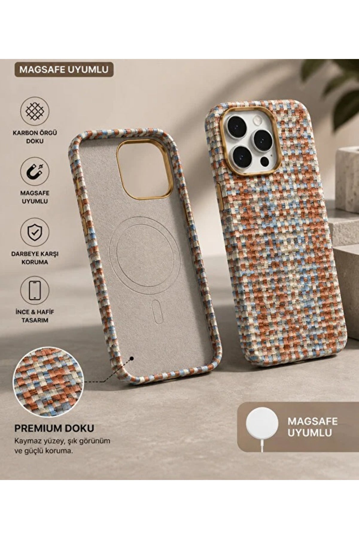 İphone 14 Pro Max Uyumlu Premium Karbon Örgü Dokulu MagSafe Uyumlu iPhone Kılıf Kadife İç Yüzey Darbe Korumalı Bej Mavi Kahve