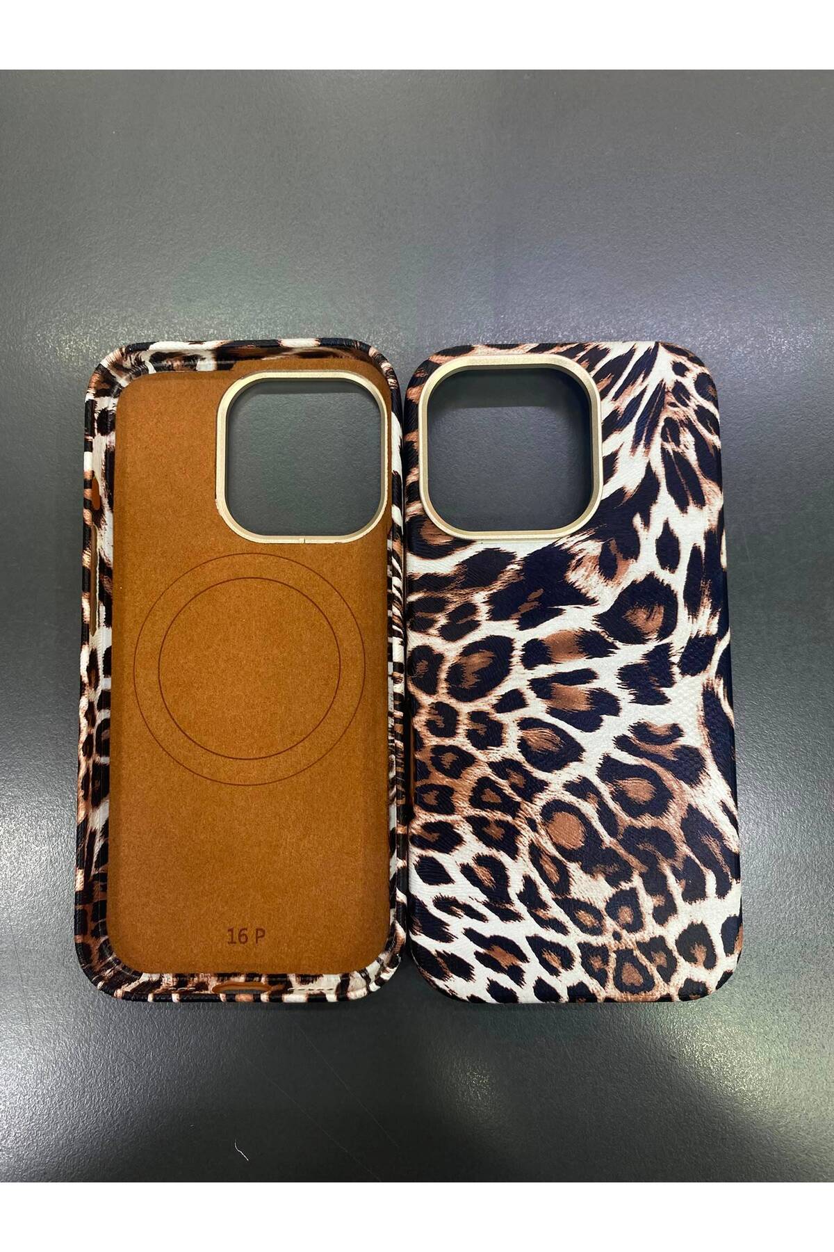 iPhone 16 Pro Uyumlu MagSafe Destekli Leopar Desenli Suni Deri İçi Kadife Premium Kılıf Darbe Korumalı