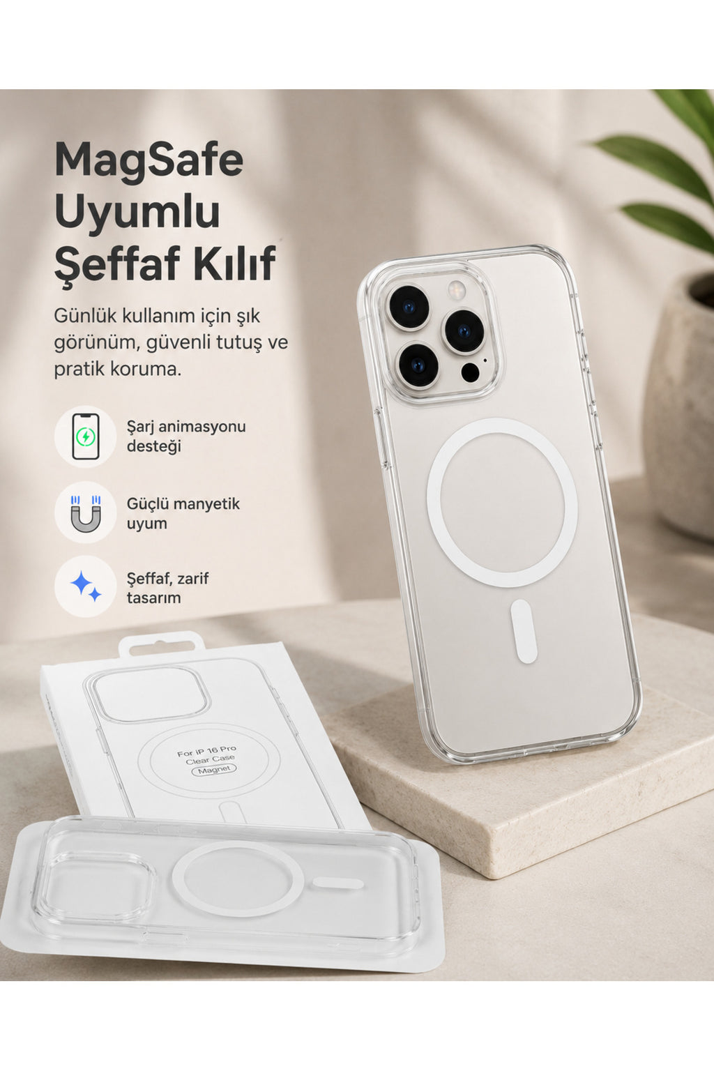 İphone 16 Pro Uyumlu TPU Animasyon Magsafe Özellikli Orj Premium Şeffaf Telefon Kılıfı