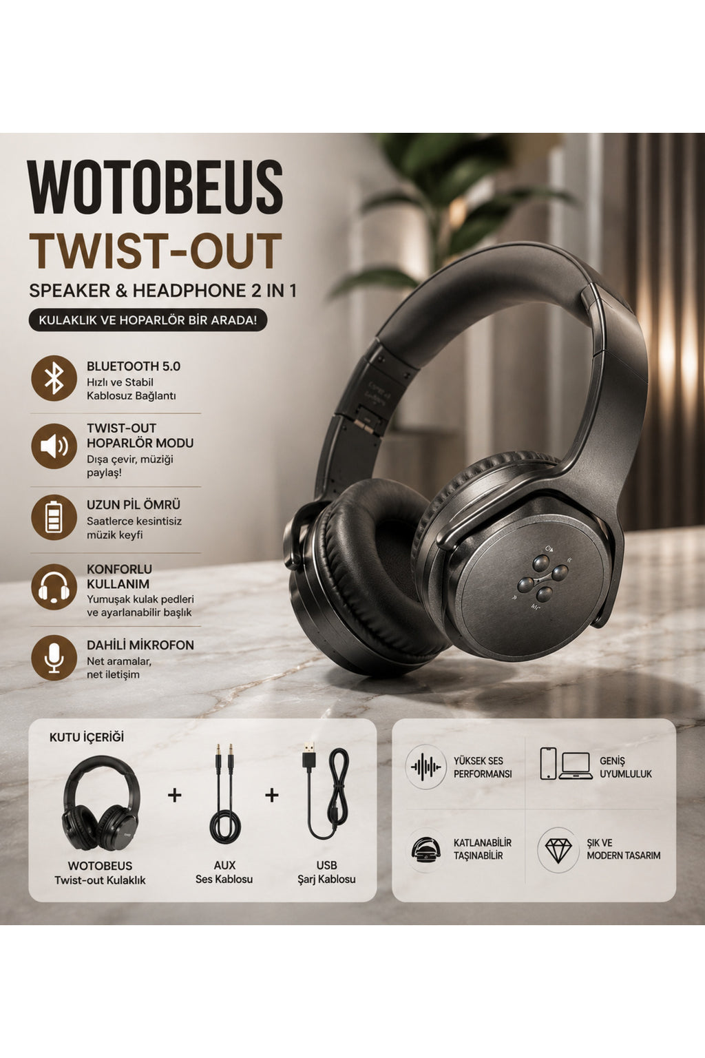 Bluetooth Kulaklık Kablosuz Hoparlör 2'si 1 Arada AUX Destekli Mikrofonlu Katlanabilir Stereo Kulaklık