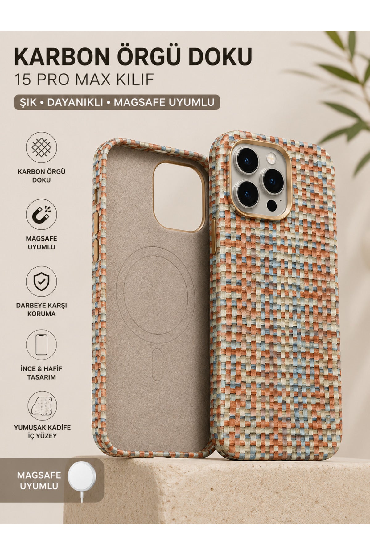Premium Karbon Örgü Dokulu MagSafe Uyumlu iPhone 15 Pro Max Kılıf | Kadife İç Yüzey | Darbe Korumalı | Lüks Tasarım