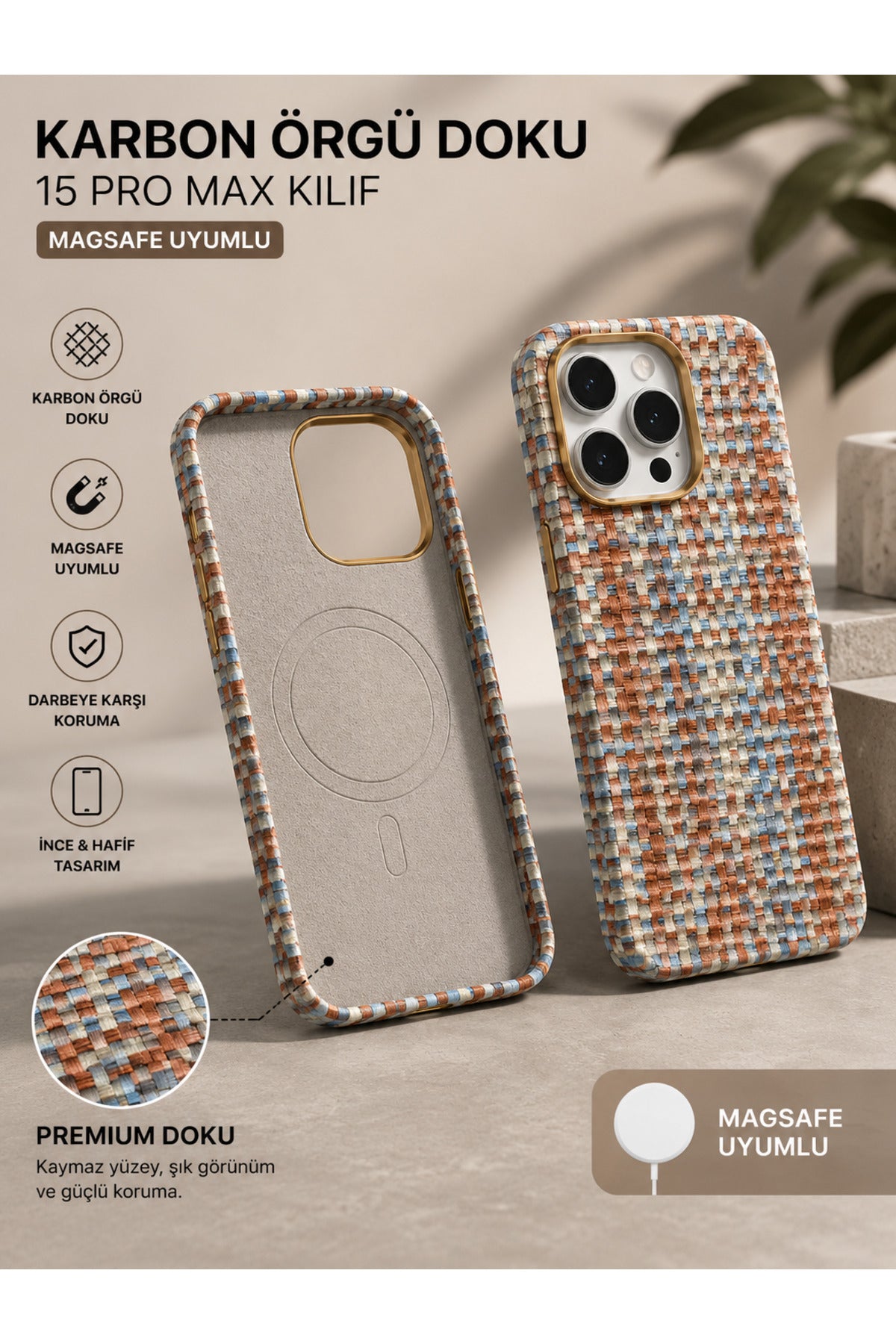 Premium Karbon Örgü Dokulu MagSafe Uyumlu iPhone 15 Kılıf Kadife İç Yüzey Darbe Korumalı Bej Mavi Kahve