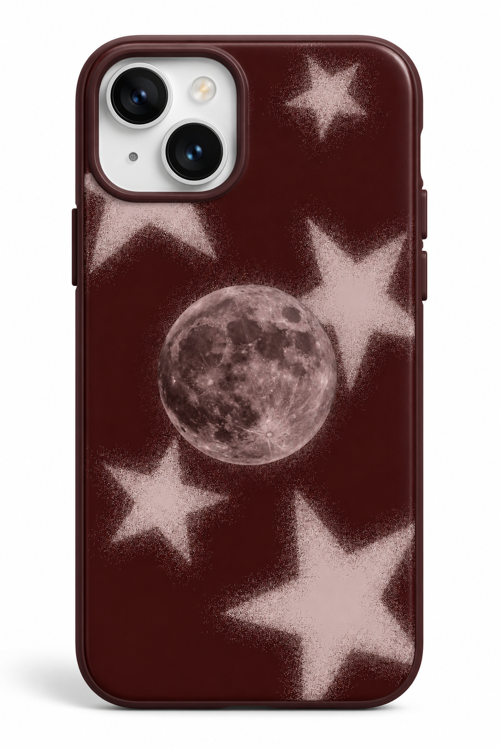 WOTOBEUS bordo ay ve yıldız tasarımlı kılıf, iPhone 15 üzerinde beyaz stüdyo fonunda