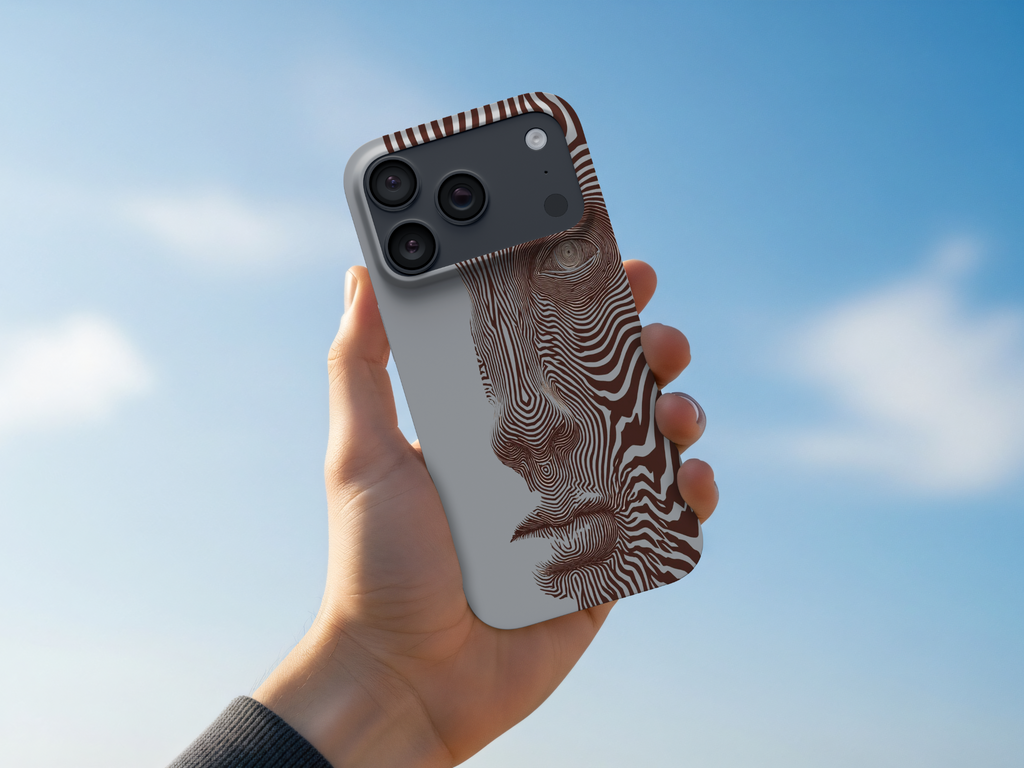 WOTOBEUS Gri Kahverengi Çizgisel Portre Tasarımlı Telefon Kılıfı elde görünüm