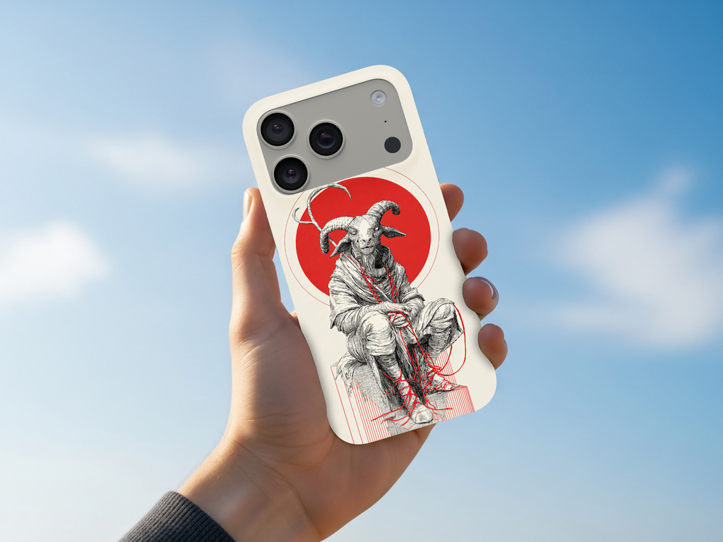 WOTOBEUS Krem Kırmızı Güneş ve Mistik Figür Tasarımlı Telefon Kılıfı elde görünüm
