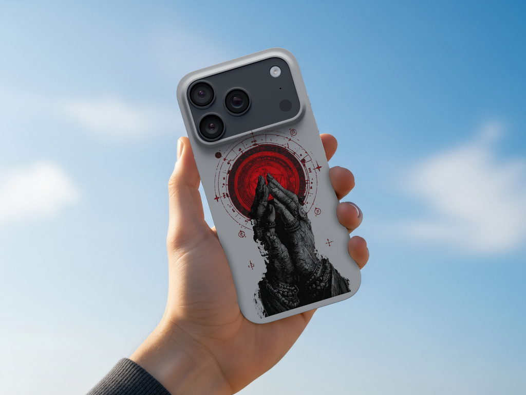 WOTOBEUS Gri Kırmızı Mandala ve Eller Tasarımlı Telefon Kılıfı elde görünüm