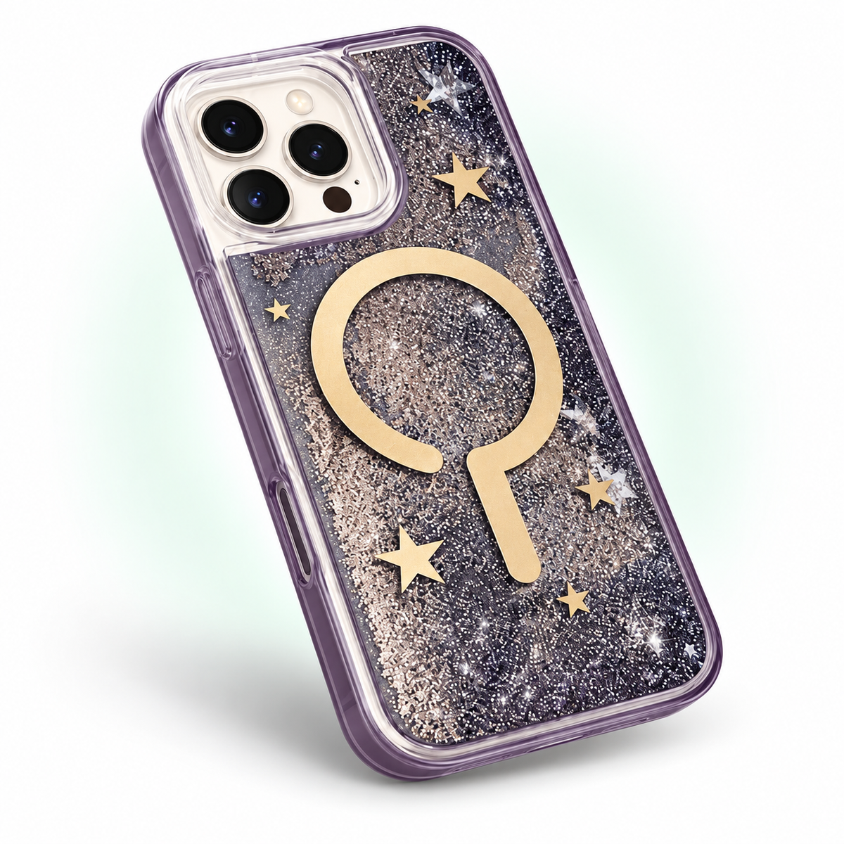 İphone 16 Pro Max Uyumlu MagSafe Destekli Akışkan Simli Şeffaf Premium Telefon Kılıfı — stüdyo ürün görseli