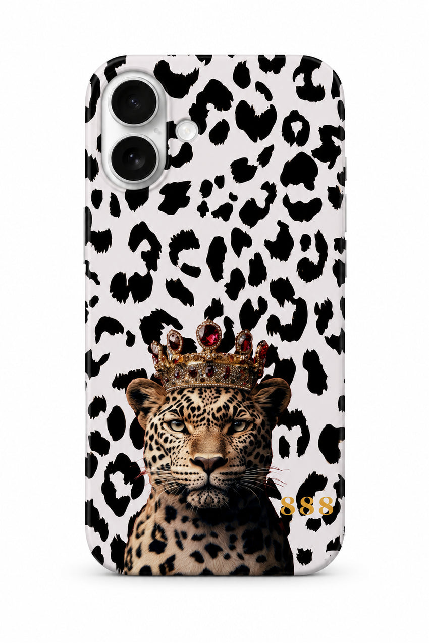 WOTOBEUS Royal Leopard 888 Serisi Taçlı Leopar Desenli Premium Lansman Kılıf — beyaz stüdyo fonu, 850 × 1274